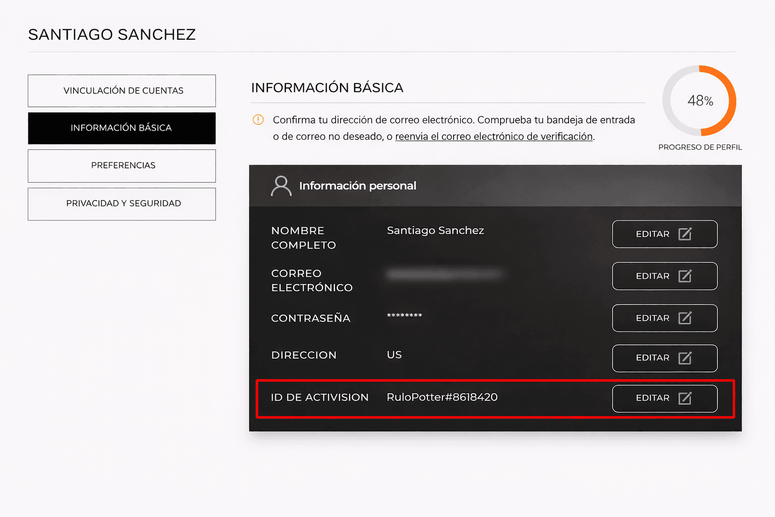 Ejemplo de Activision ID visible